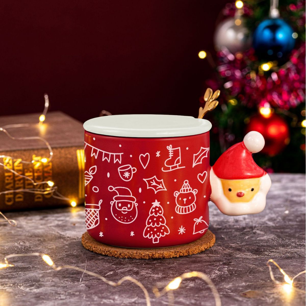 Creative Christmas Party Graffiti Cup Christmas Ceramic Cup with Lid Large Capacity Mug Gift Couple's Cups