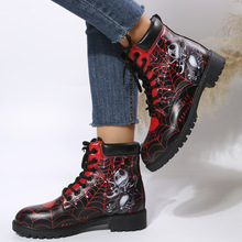 秋冬新款马丁靴女系带舒适PU厚底短靴英伦风3D打印多图案女靴批发