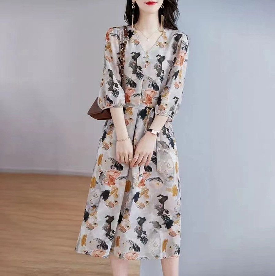 2023夏季新款复古中国风连衣裙女优雅气质印花仿真丝中长款a字裙