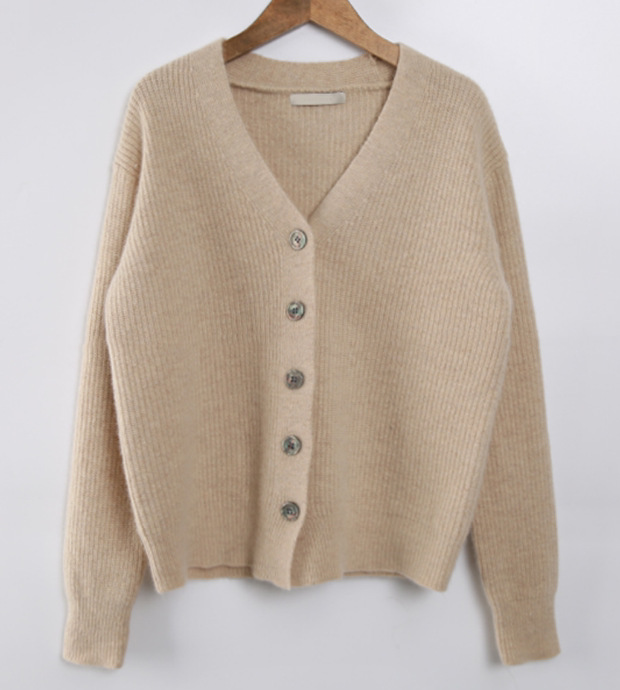 高级感秋冬新款v领羊毛针织开衫毛衣女元宝针宽松短款羊绒衫纯色