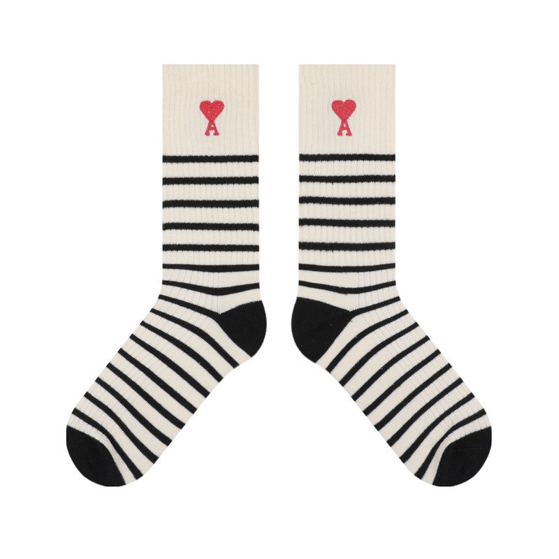 Japanese Love Embroidery Long Tube Autumn and Winter Socks Striped Color Matching Black White Gray Couple Trendy Socks Paris Simple Fashion