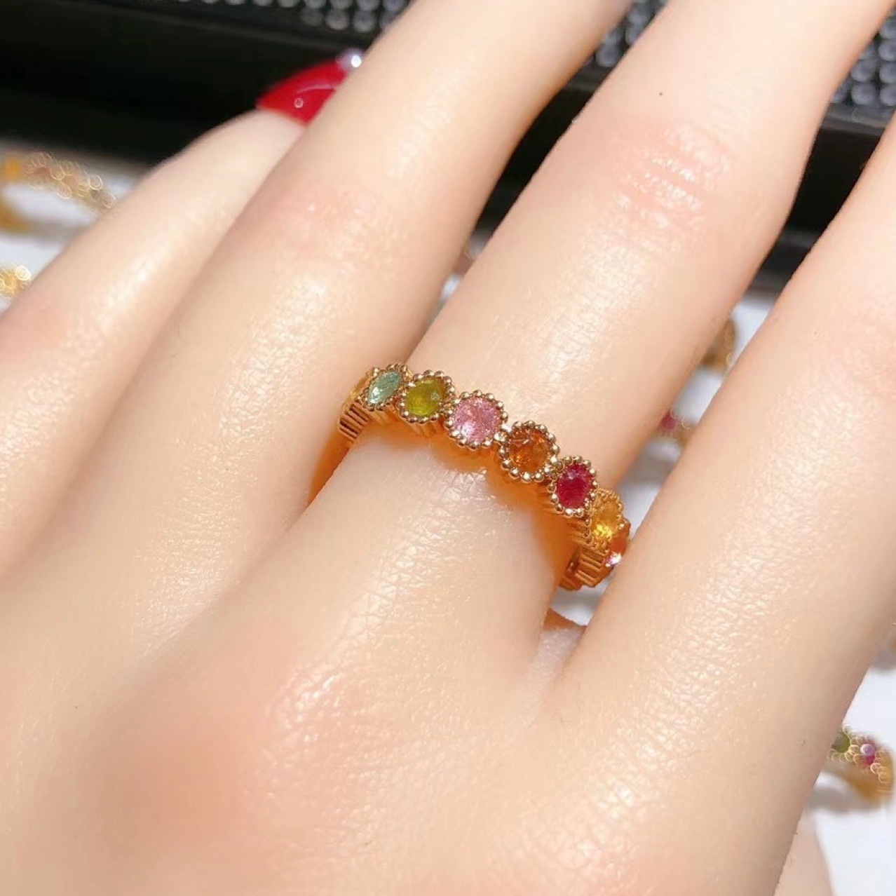 轻奢彩色碧玺戒指水晶戒指糖果色碧玺排戒-阿里巴巴