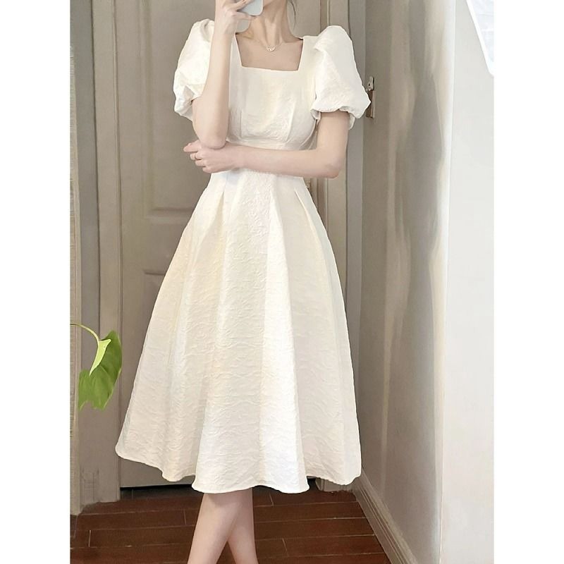 french first love white swing long dress summer women‘s clothing square-neck cinched slimming graceful puff sleeve dress
