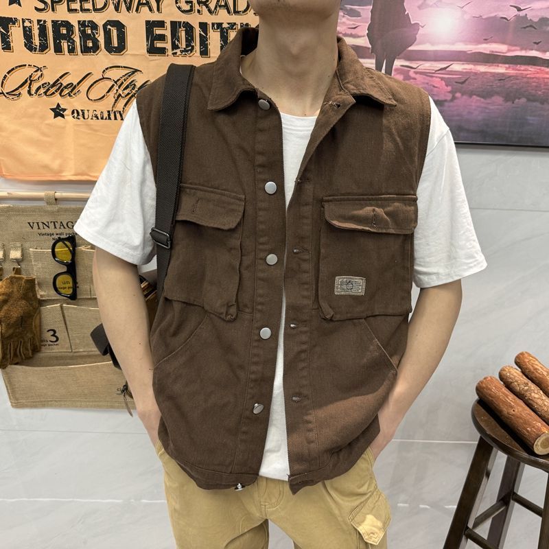 美式复古怀旧牛仔马甲男秋季宽松大码无袖坎肩工装大口袋背心外套