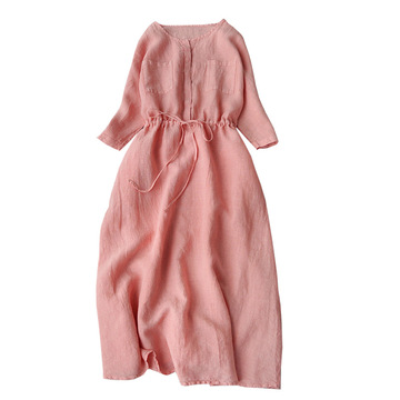 文艺女装夏季新品5分袖连衣裙棉麻宽松收腰长裙纯色a字裙-阿里巴巴