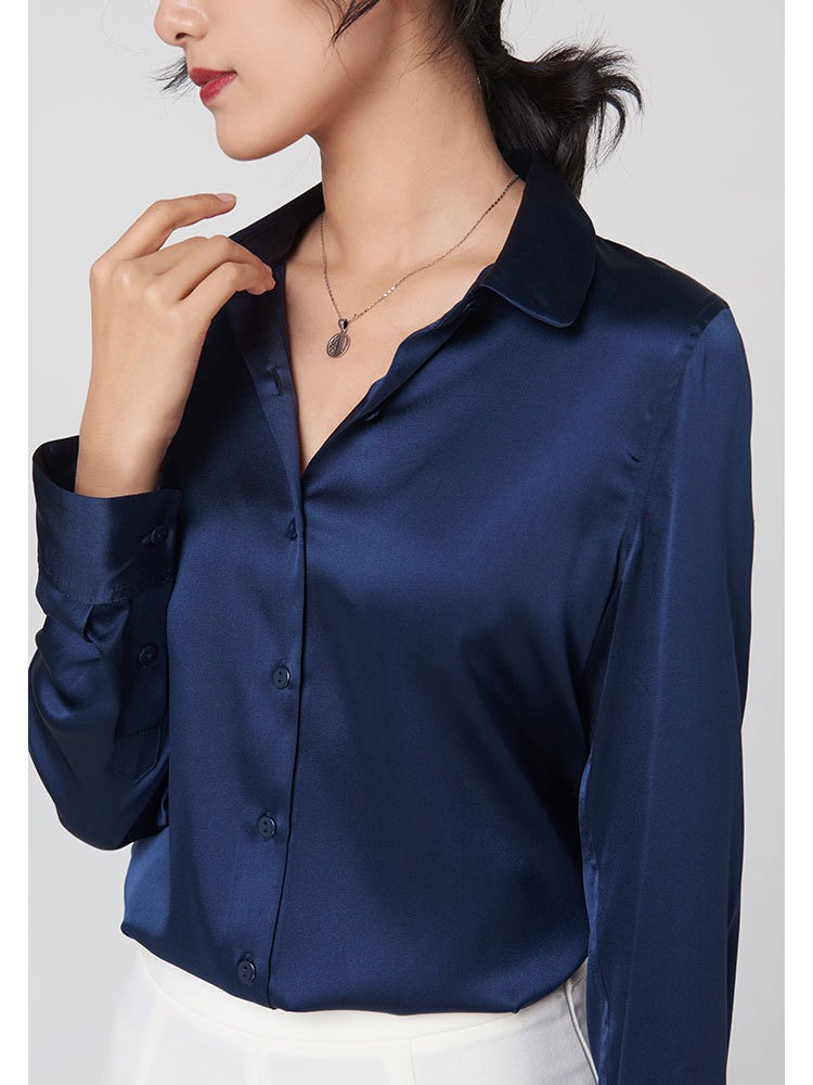 Mulberry Silk Silk Shirt Women's 2024 Spring and Autumn Business Wear Contrast Color Long Sleeves Shirt Commute Slim-Fit Square Collar Top Women Clothes