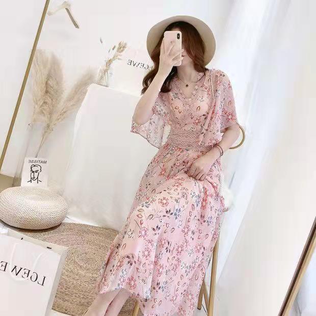 V-neck Chiffon Dress Women's Mid-Length 2023 New Women's Clothing Summer Lace Floral Waist-Tight Slimming A- line Skirt