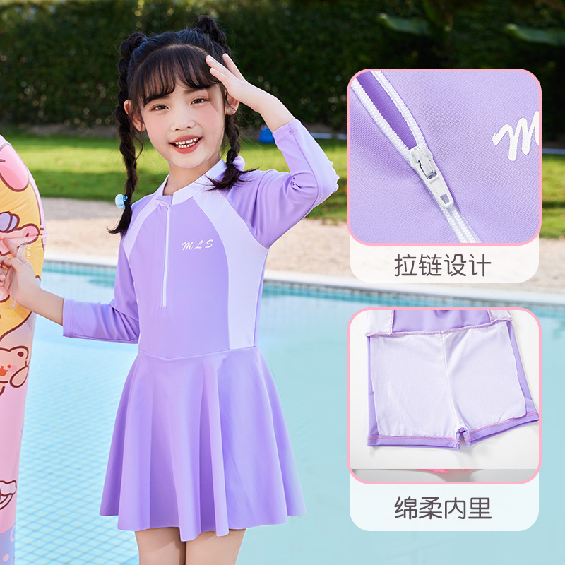 Girl's Swimsuit Long-Sleeved Conservative One-Piece Hot Spring Student Training Swimsuit Korean Style Polite Children's Swimsuit in Stock