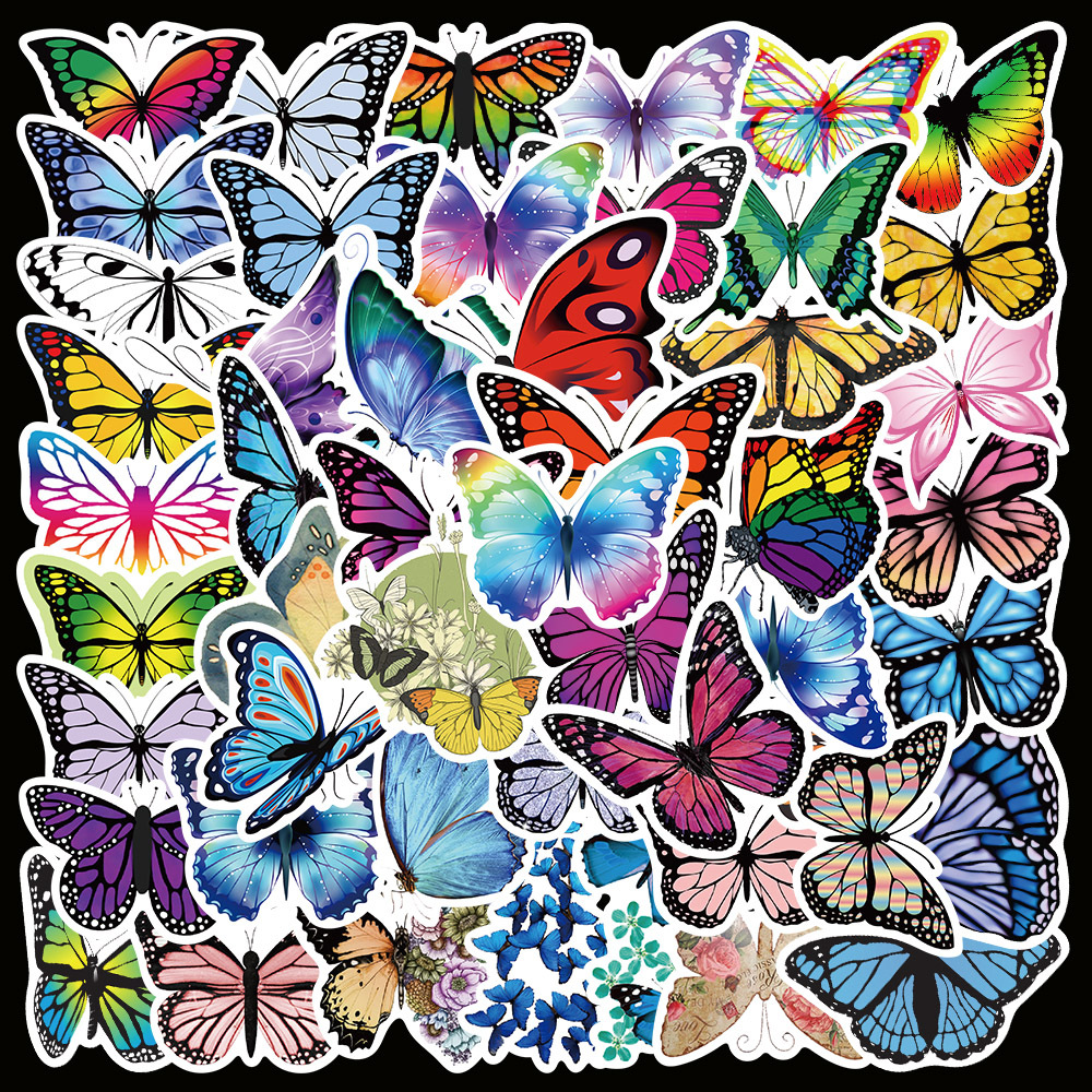 50张不重复动物昆虫彩色蝴蝶手帐贴画行李箱吉他diy手账防水贴纸