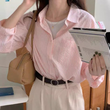 实拍基础款条纹衬衫女韩版长袖休闲宽松叠穿衬衣上衣3色