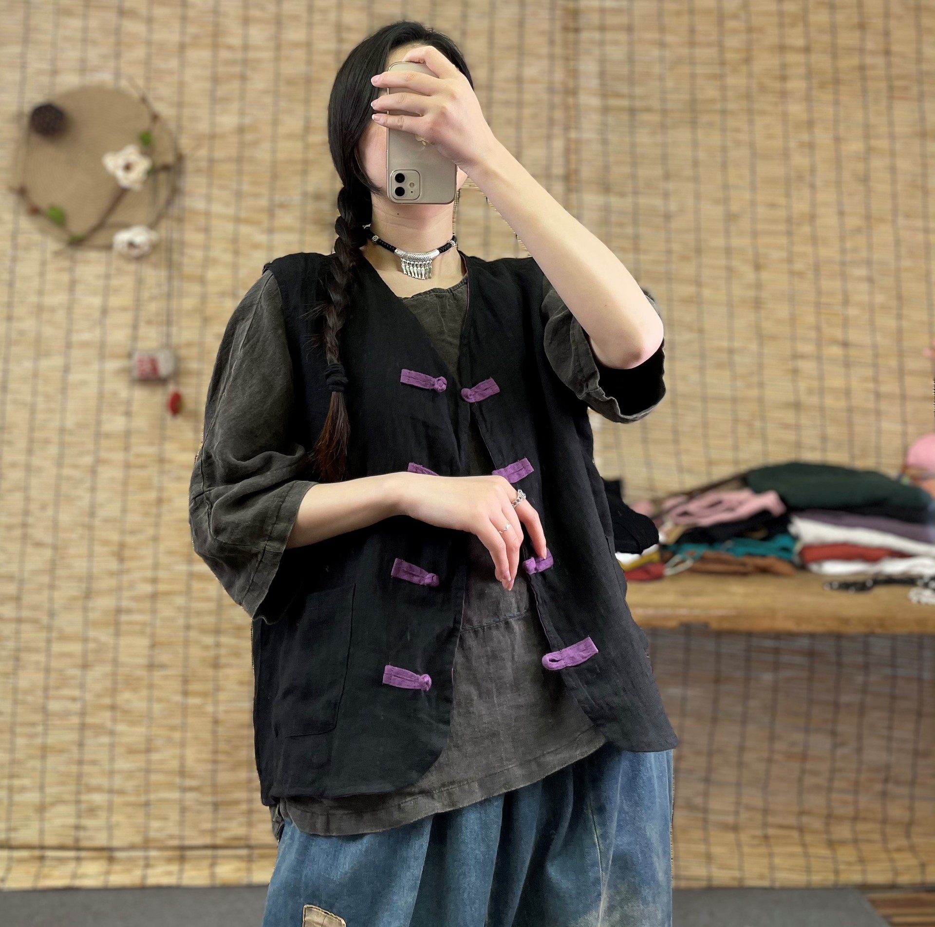 2021夏装新款砂洗亚麻复古中式马甲盘扣民族风休闲外搭女