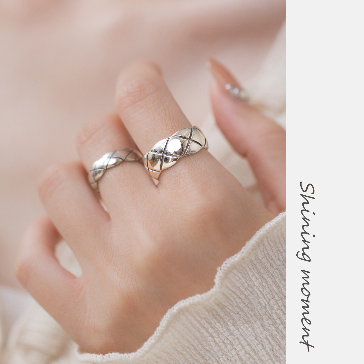 爱洛奇 s925银宽面菱形线条格纹戒指欧美简约ins气质指环r01153