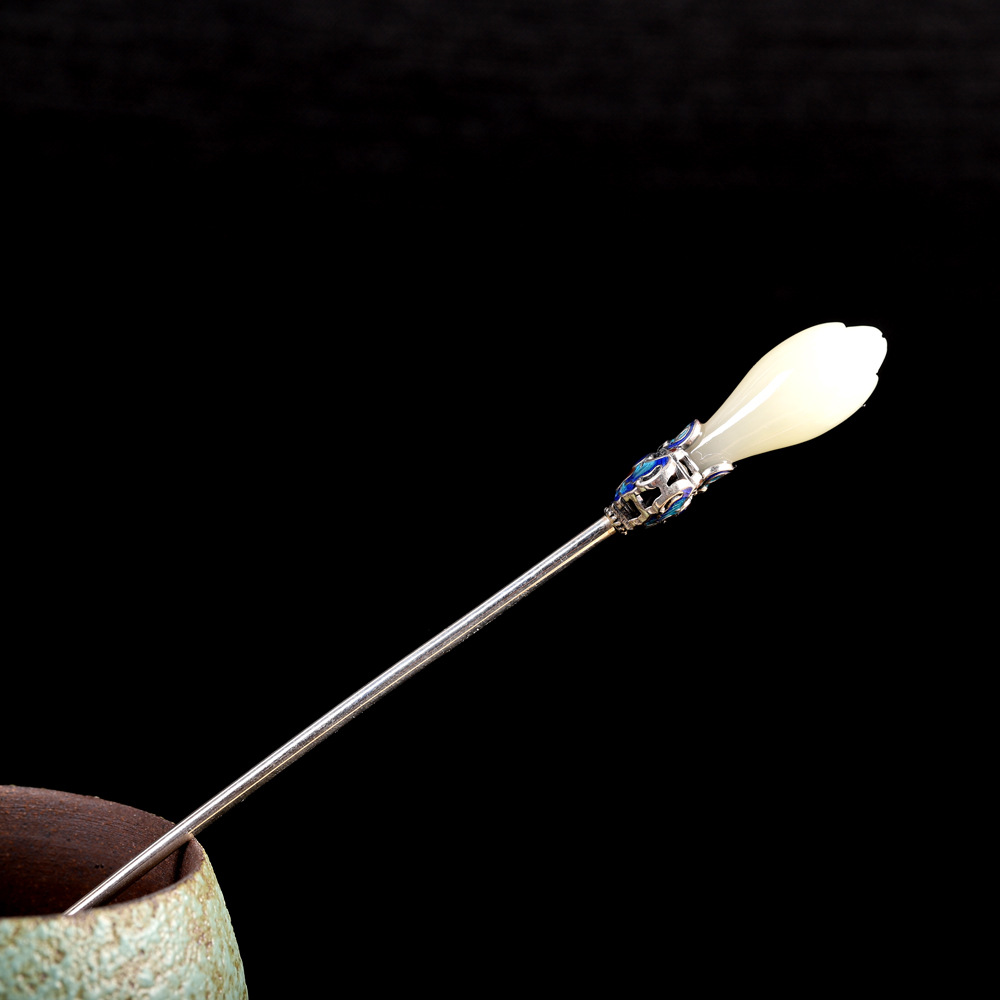 人品银品 s925银雕刻和田玉玉兰花发簪 时尚中国风女式发饰 跨境