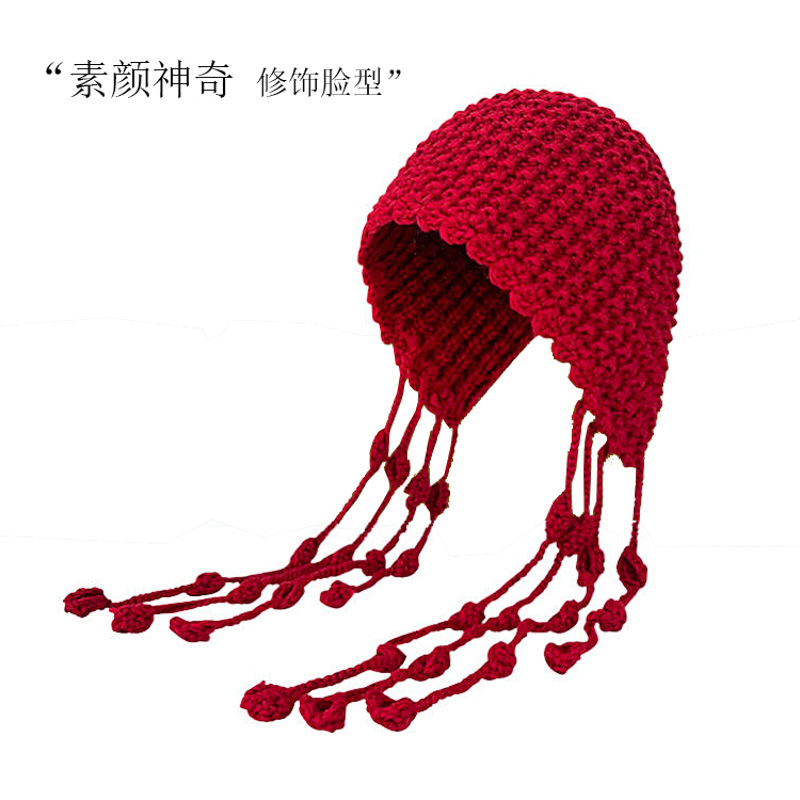 手工编织球球流苏针织帽加厚毛线帽子保暖包头帽女冬天护耳雷锋帽