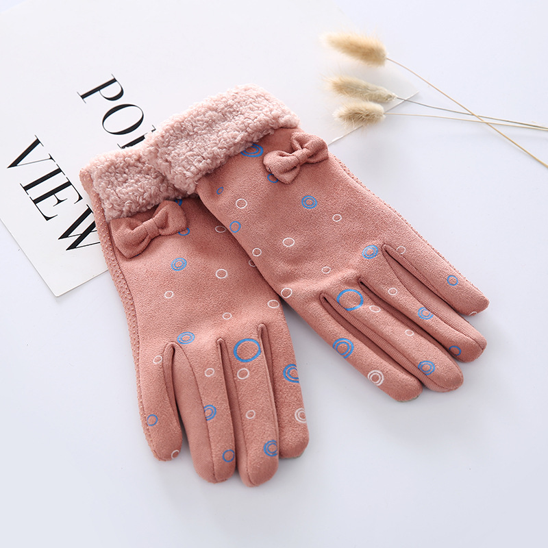 Colorful Printed Gloves Women's Suede Finger Gloves Bowknot Decorative Cloth Gloves Fleece Lined Winter Gloves