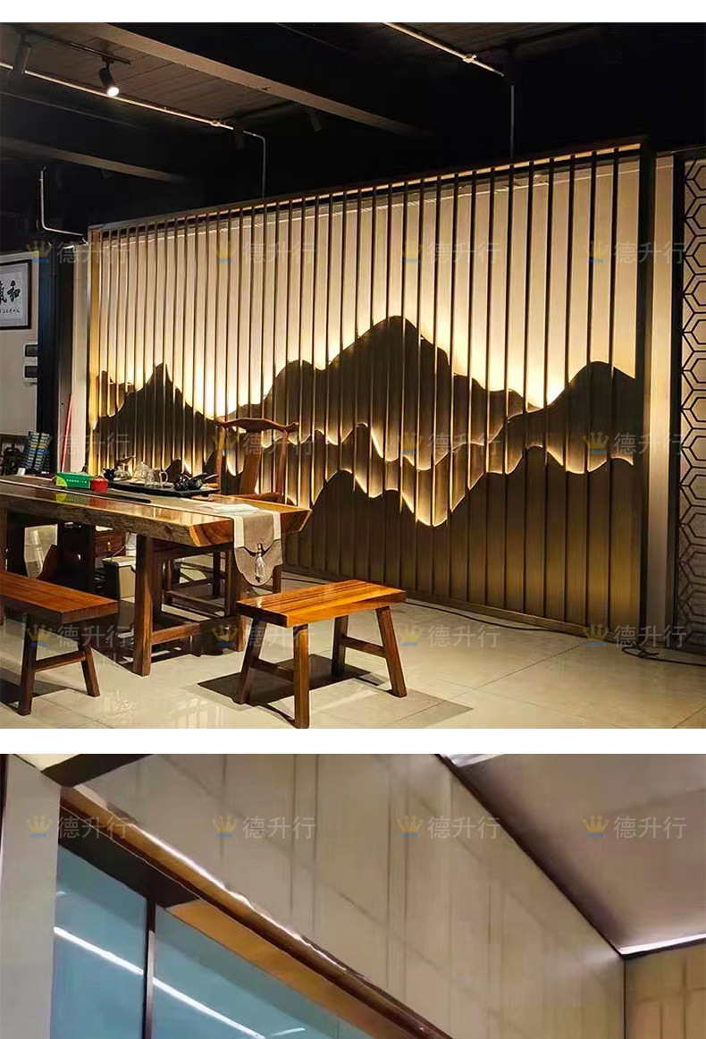 圆型金属玄关钛金镂空不锈钢新中式屏风隔断 带灯圆形山水背景墙