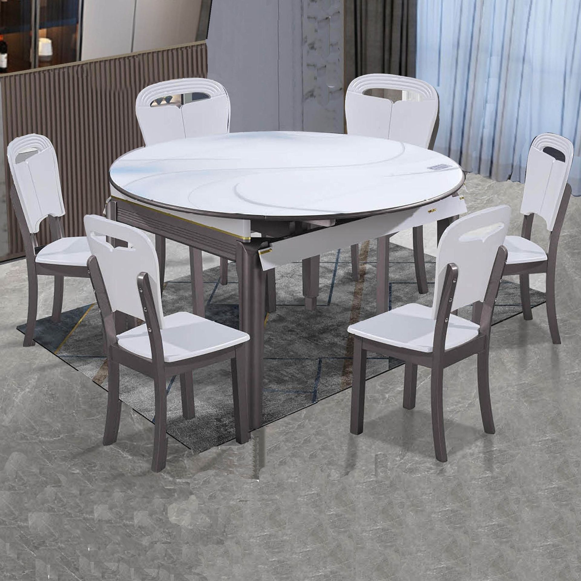 幻彩石餐桌 简约轻奢家用小户型饭桌可变圆桌伸缩实木餐桌椅组合