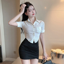 1165跨境外贸女装批发东南亚酒店衬衫套装技师工作服+抽褶包臀裙