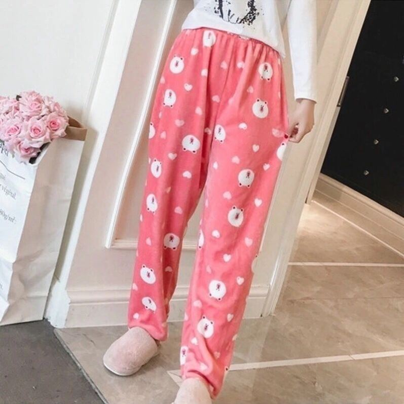 Flannel Pajama Pants Women's Autumn and Winter Coral Fleece Pajama Pants Fleece-Lined Thickened Loose Suitable for Daily Wear Cartoon Thermal Home Pants
