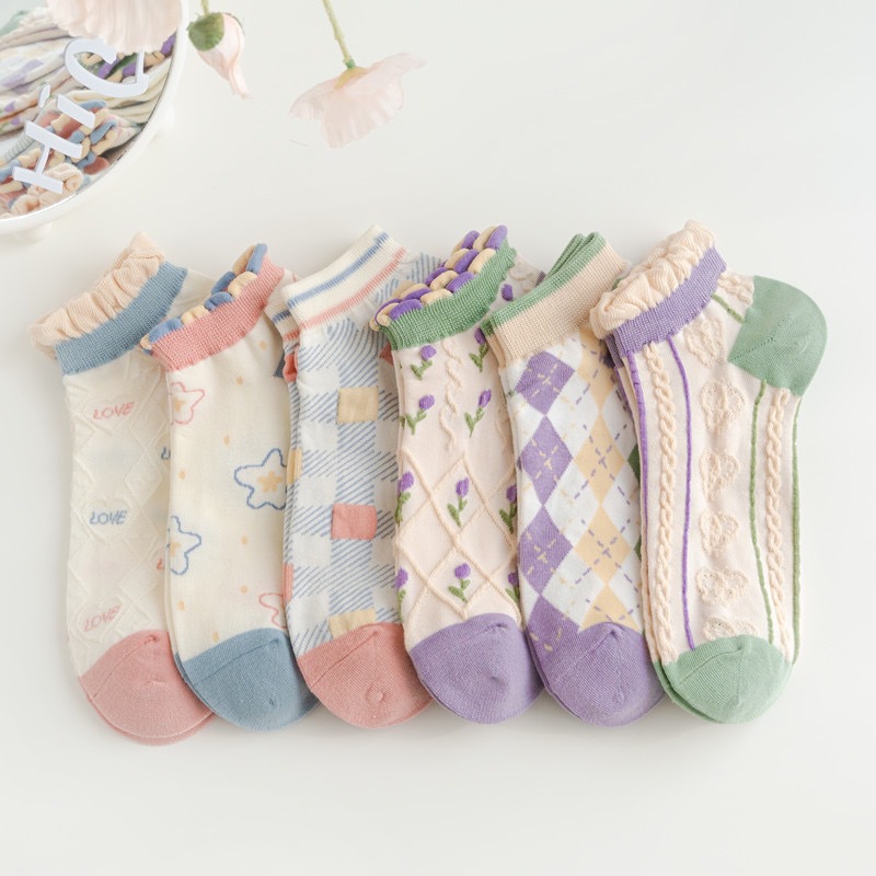 Cute Lace Socks Women's Socks Ins Fashionable All-Match Breathable Spring and Autumn Japanese Style Sweet Floral Short Summer Boat Socks