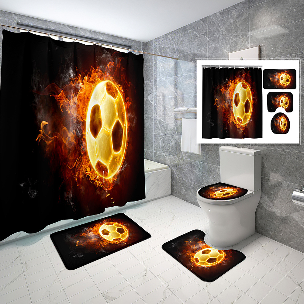 Flame Football Series Bathroom Set Black Waterproof Shower Curtain Four-Piece Non-Slip Toilet Floor Mat Toilet Mat