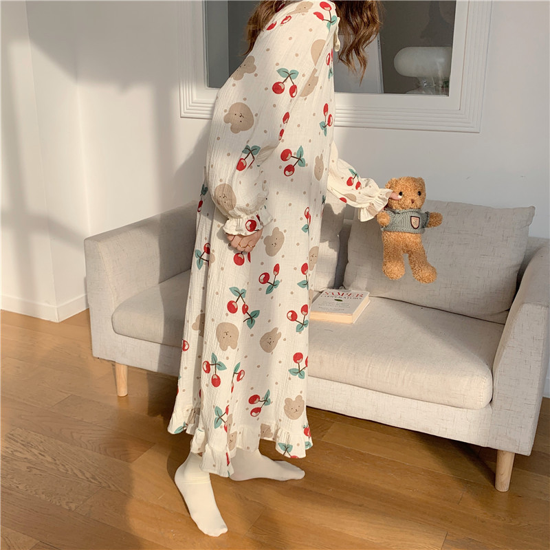 Real Shot 2023 Korean Style Ins Cotton Cherry Cute Girl Homewear Dress Pajamas Homewear