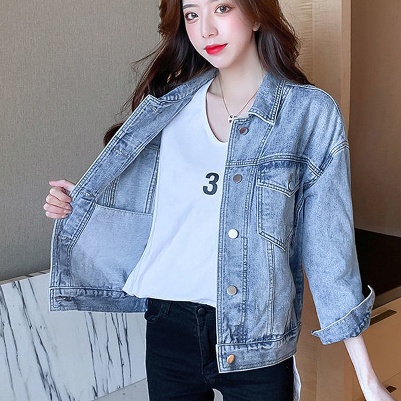 春秋新款时尚休闲大码宽松牛仔外套女百搭显瘦牛仔衣纯色夹克上衣