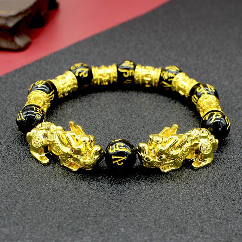 Imitation Obsidian Gilt Pixiu Bracelet Men's and Women's Six-Word Proverb Buddha Beads Bracelet Cross-Border Sold Jewelry Factory Wholesale