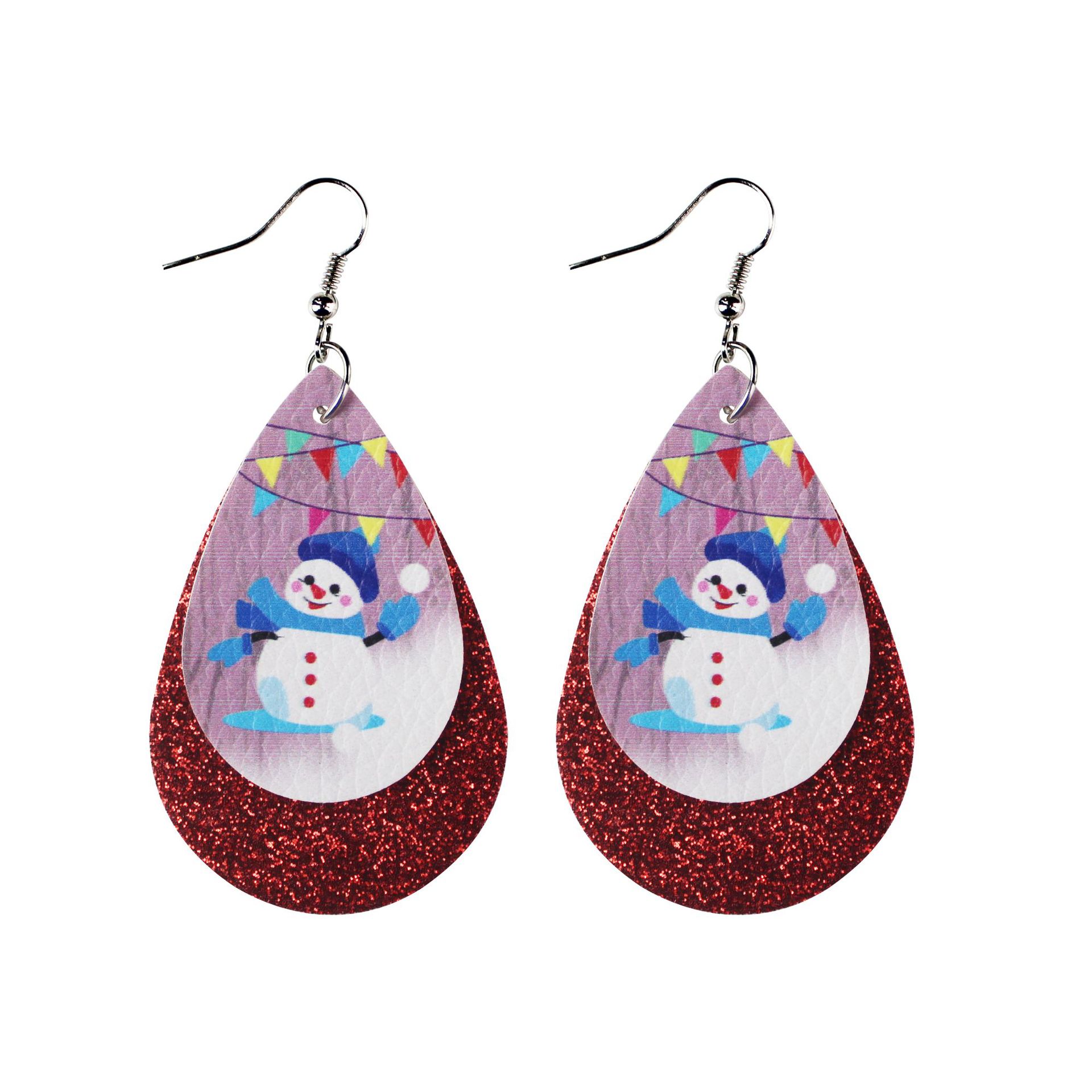 Christmas Double-Layer Leather Earrings Snowman Christmas Tree Gift Water Drop Pu Earrings Female Accessories Accessories