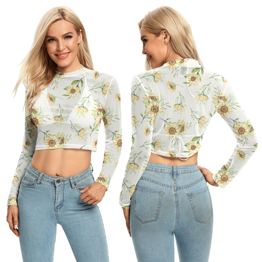 2021新款亚马逊跨境紧身性感网纱露肚脐女上衣欧美