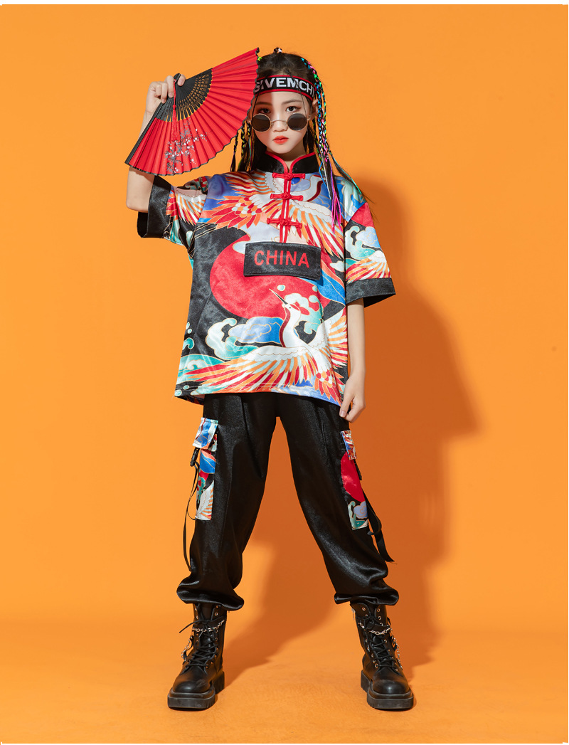 儿童中国风合唱服国潮男童嘻哈街舞汉服女童复古走秀啦啦操演出服
