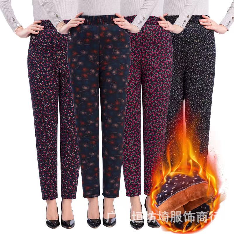 Mother's Cotton Pants Autumn and Winter Elderly Warm Pants High Waist Straight-Leg Pants Middle-Aged and Elderly Women's Pants Autumn and Winter Fleece-Lined Pants