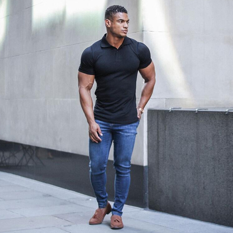 欧美肌肉男运动polo衫 夏季翻领短袖t恤男士健身紧身衣跑步训练服