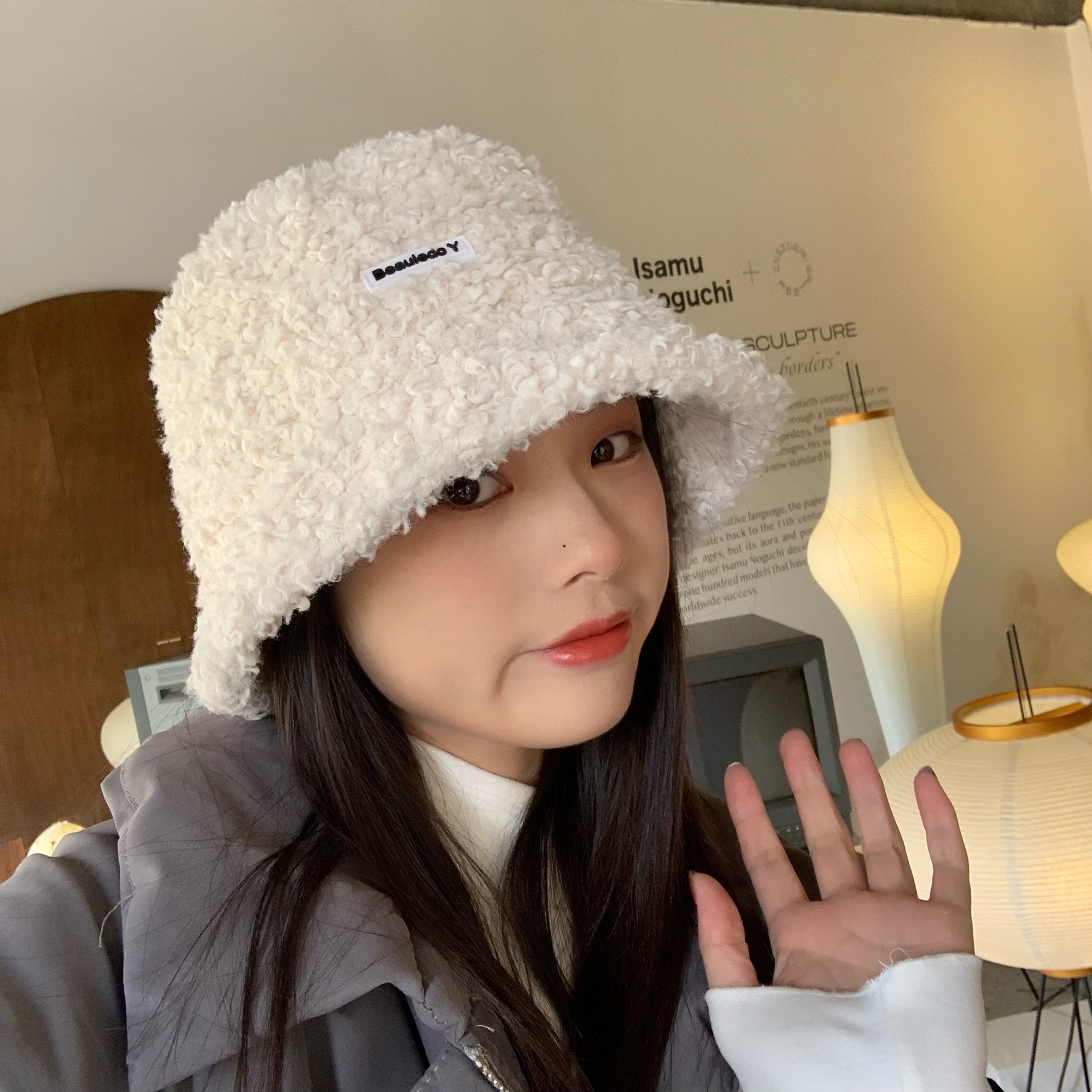 陈奶奶小羊卷纯色圆脸渔夫帽女韩版秋冬季百搭保暖盆帽毛毛绒帽子