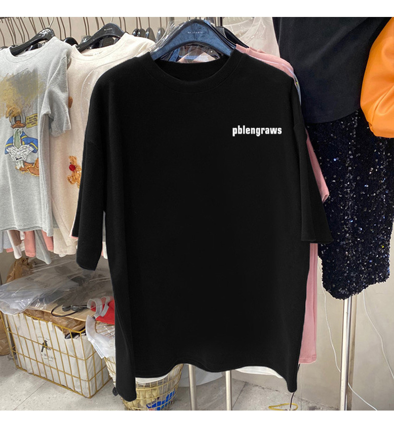 短袖t恤女夏季宽松2021年新款百搭洋气圆领字母中长款打底衫上衣