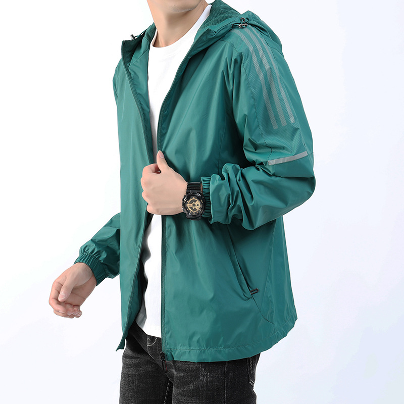 春秋季新款男士休闲连帽宽松单衣潮款锦纶单外套薄款男纯色夹克衣