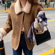 韩版冬季正反两穿羊羔毛外套复古翻领双口袋加厚保暖上衣 2色