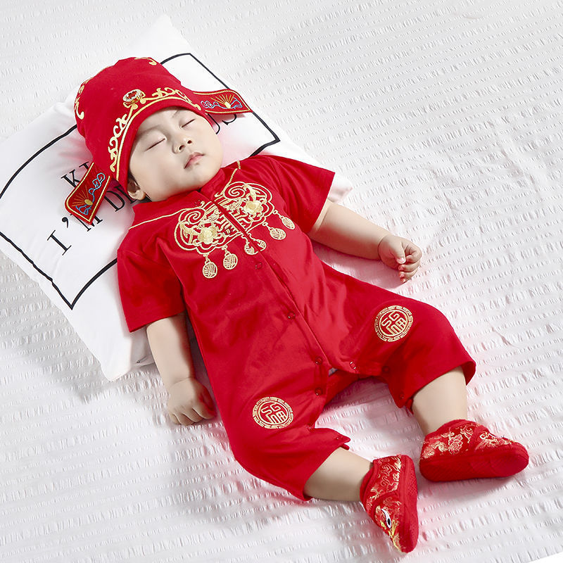 婴儿中国风连体衣夏季新生儿百天哈衣抓周礼服周岁衣服男宝宝满月