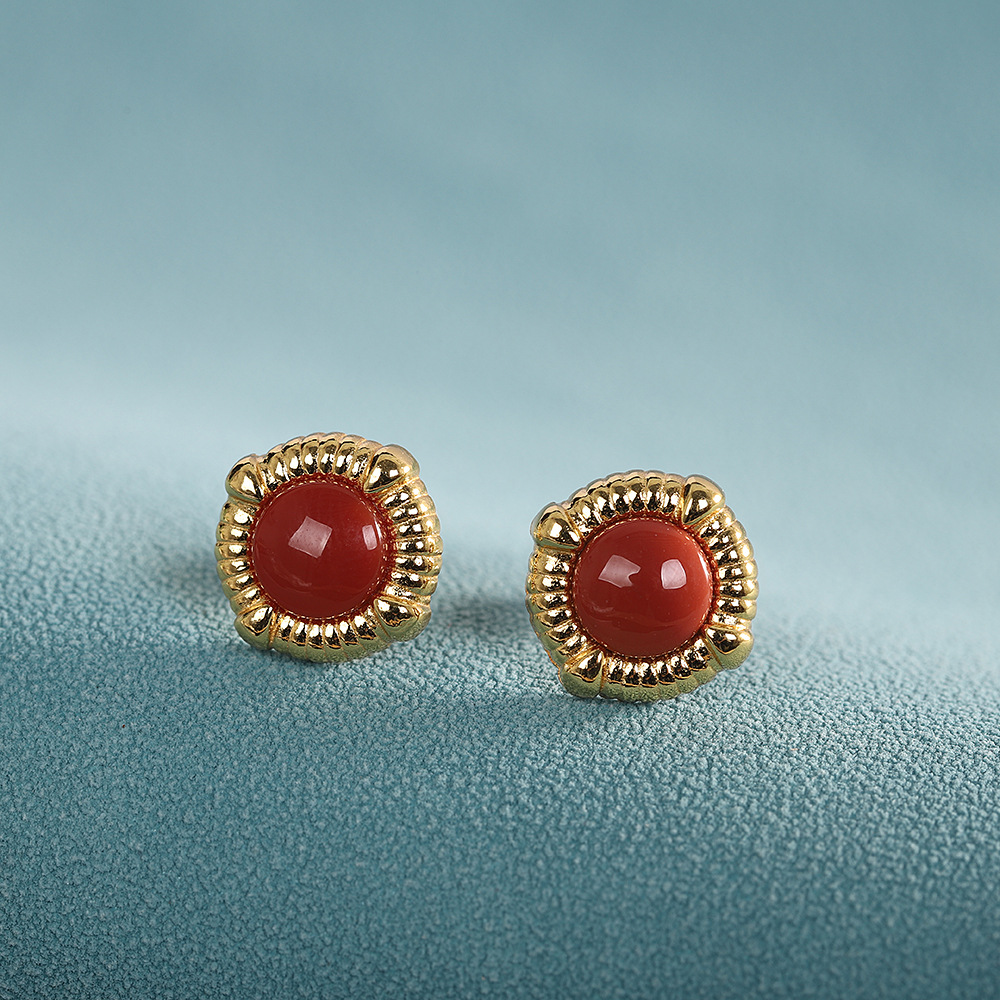 人品银品 s925纯银南红玛瑙耳钉 圆面天然南红国潮气质简约耳饰