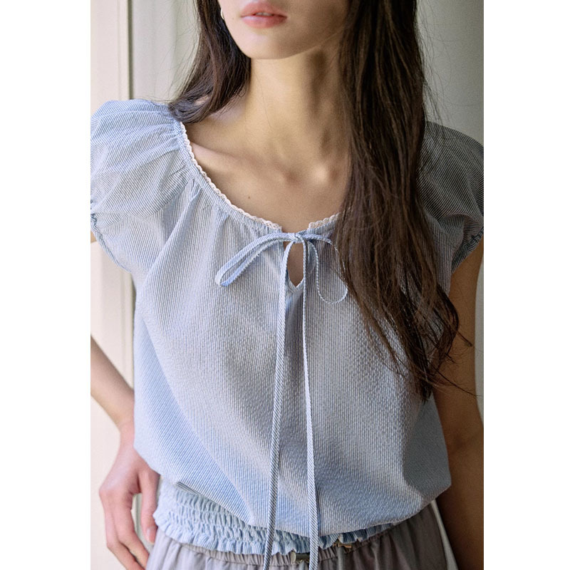 "夏花"色织棉花边小衫女夏季法式短款抽绳衬衫t恤2024新款女装