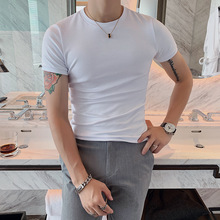 夏季新款男士短袖英伦t恤修身纯色打底衫圆领韩版大码休闲半袖批