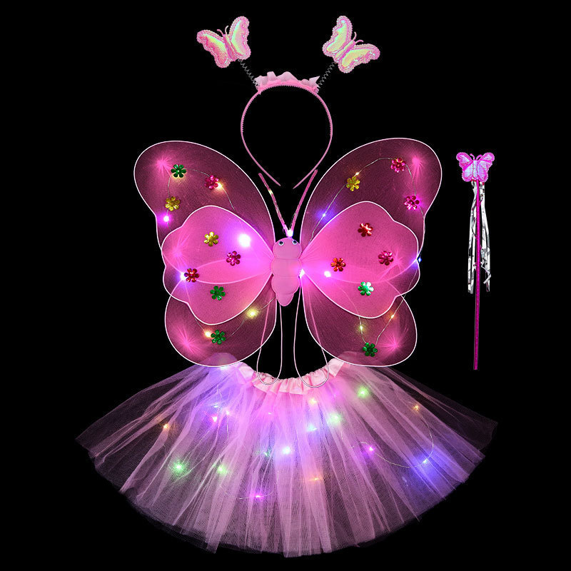 Light-Emitting Butterfly Wings Little Girl's Back Decoration Children's Flash Toy Wonderful Fairy Magic Stick FARCENT Four-Piece Set