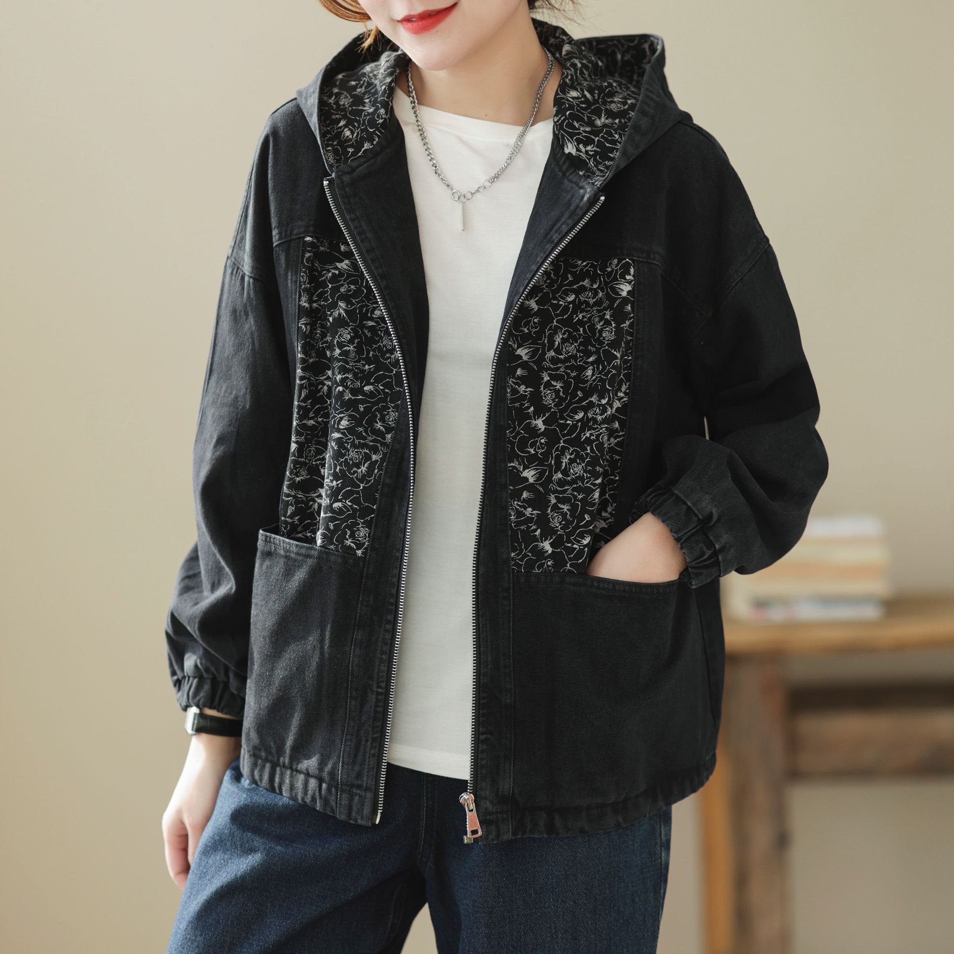 民族风复古拼接碎花上衣2022春季新款连帽休闲大码百搭牛仔外套女