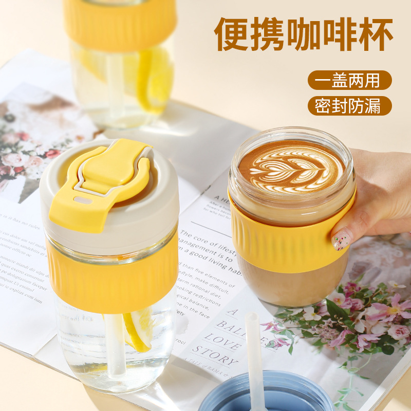 Internet Hot Glass Double Drink Cup Wholesale New Glass Drinking Cup Straw Cup Cartoon Cute Double-Purpose Straw Couple Water Cup