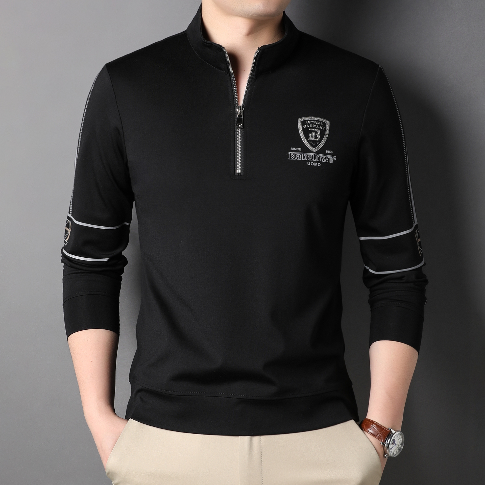 新款男士半拉链长袖t恤潮牌休闲时尚打底衫百搭上衣体恤长袖男装