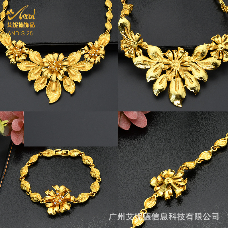 Cross-Border Dubai 24K Gold Jewelry Set Bridal Wedding Necklace Ring Earring Bracelet Ornament 4 Pcs Set