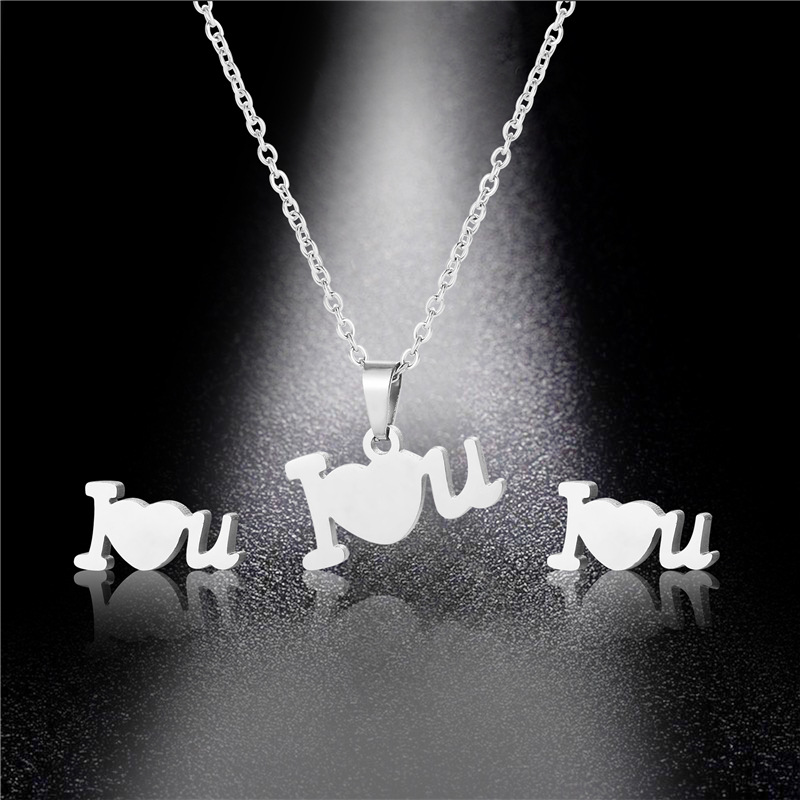 Stainless Steel Heart-Shaped Necklace Amazon Letter I Love You Necklace and Earring Suit Female I Love You Clavicle Chain