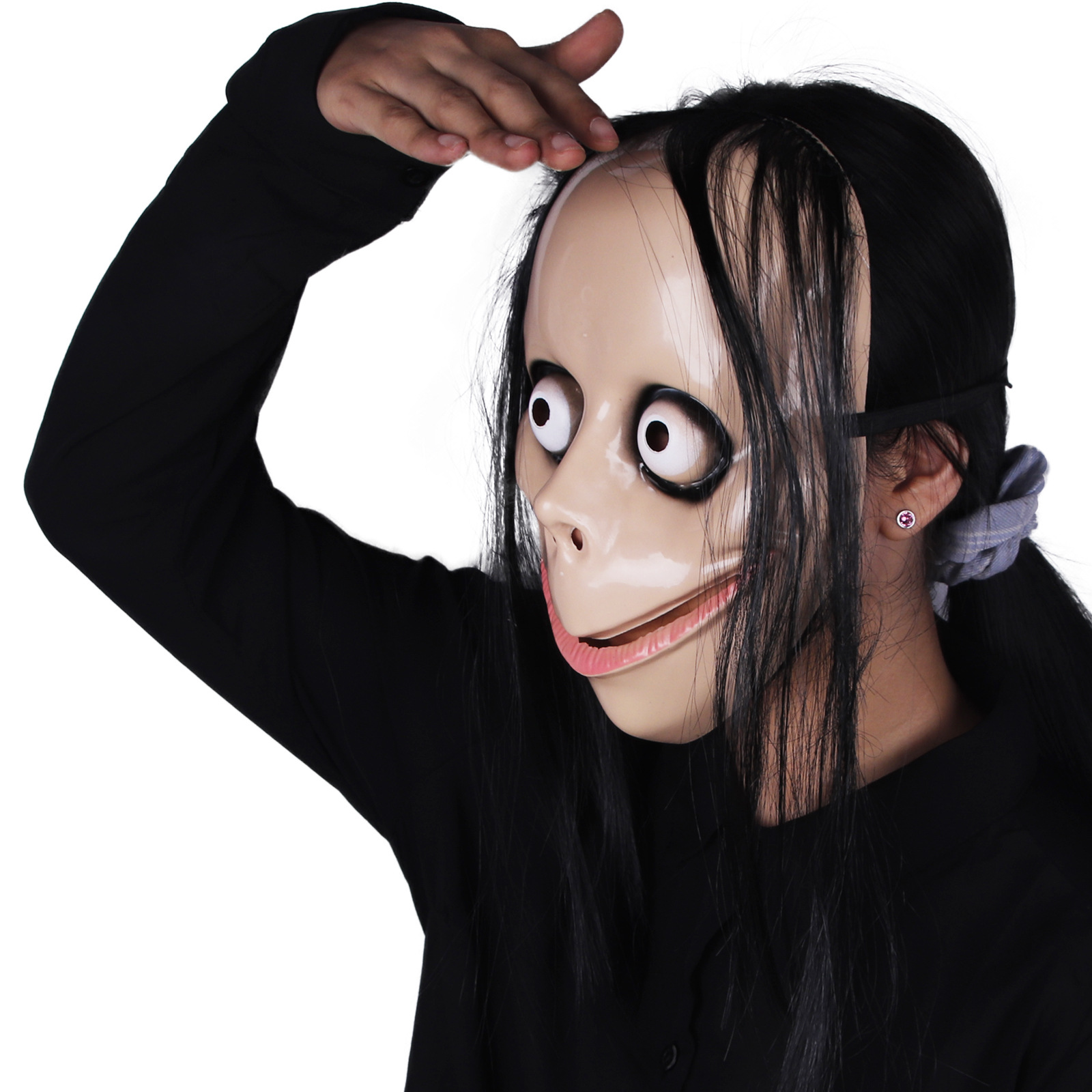 万圣节爆款momo面具 搞怪乳胶全脸长发头套scary恐怖吓人道具批发