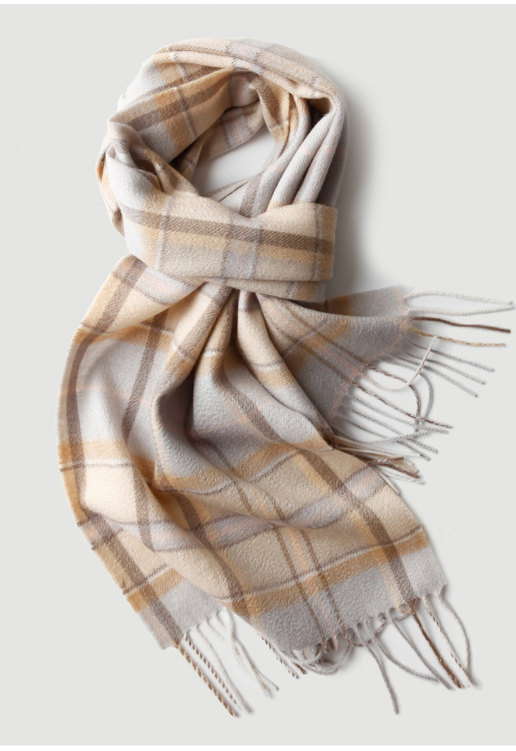 女士纯山羊绒围巾女款格子格纹彩格水波纹厚款秋冬季保暖新款披肩