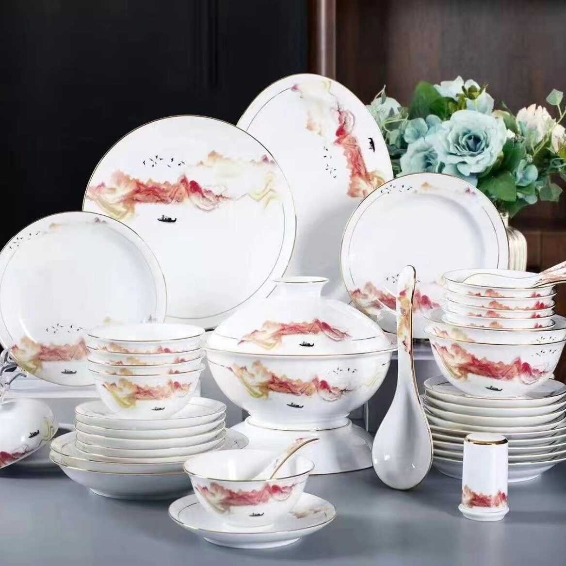 景德镇高档白瓷金边健康餐具套装新中式碗碟家庭组合陶瓷乔迁送礼